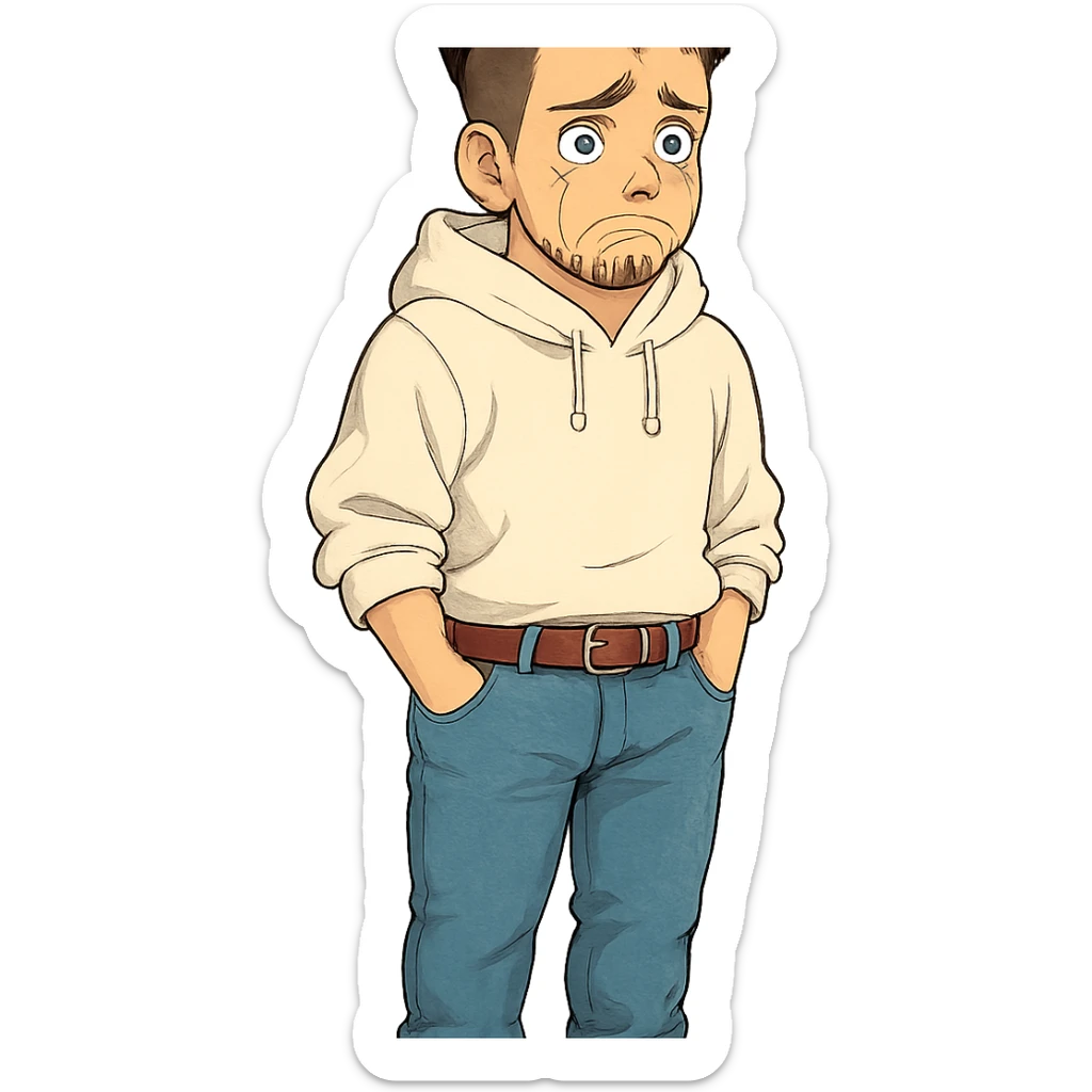 1 male, mid fade haircut dark chestnut brown curly hair, toasted lightskin, white hoodie sleeves up, fashion jeans, red fashion-sneakers shoes, red belt, short trimmed beard and goatee,  style of deku from "my hero academia", FACIAL EXPRESSION IS VERY SAD, TEARS WELLING UP sticker