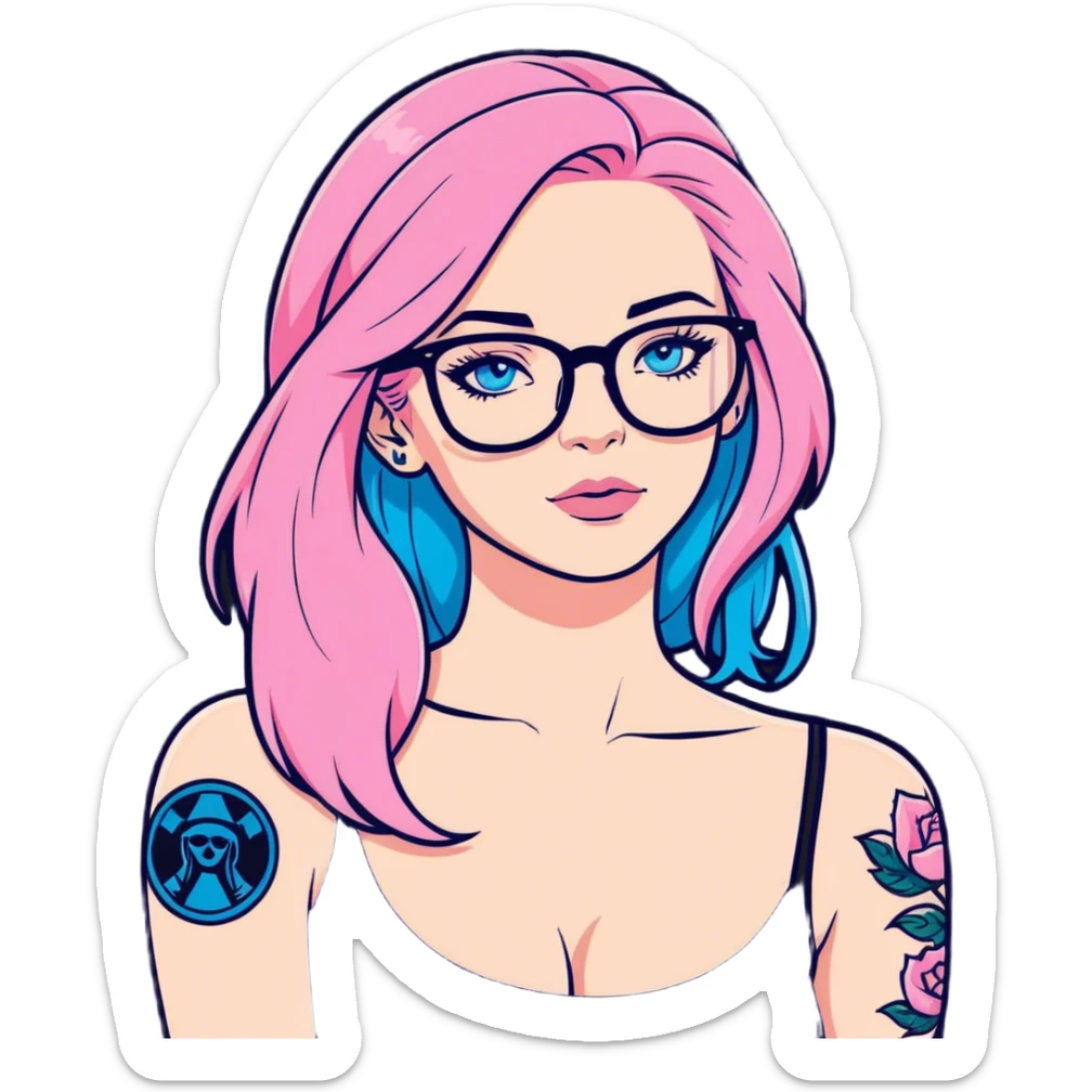 Photo Realistic beautiful woman model, blue eyes and glasses, pink long hair, shoulder tattoo  sticker