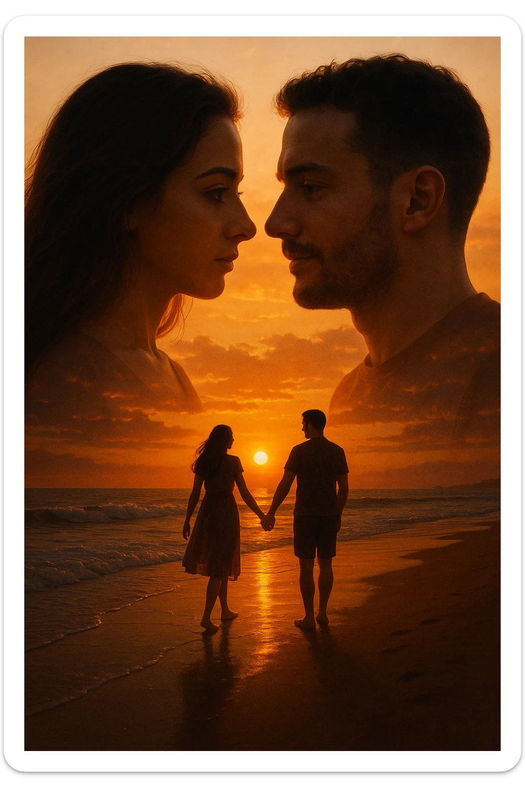 Una doppia esposizione cinematografica di noi di profilo, con un paesaggio di spiaggia al tramonto integrato nella silhouette.
La scena interna ci mostra entrambi camminare sulla sabbia bagnata, tenendoci per mano, con le onde del mare che si infrangono è facile e un cielo colorato dagli ultimi raggi di sole. Atmosfera calda e intima, toni dorati arancioni, dettagli fini ed espressivi, risoluzione 8K. sticker