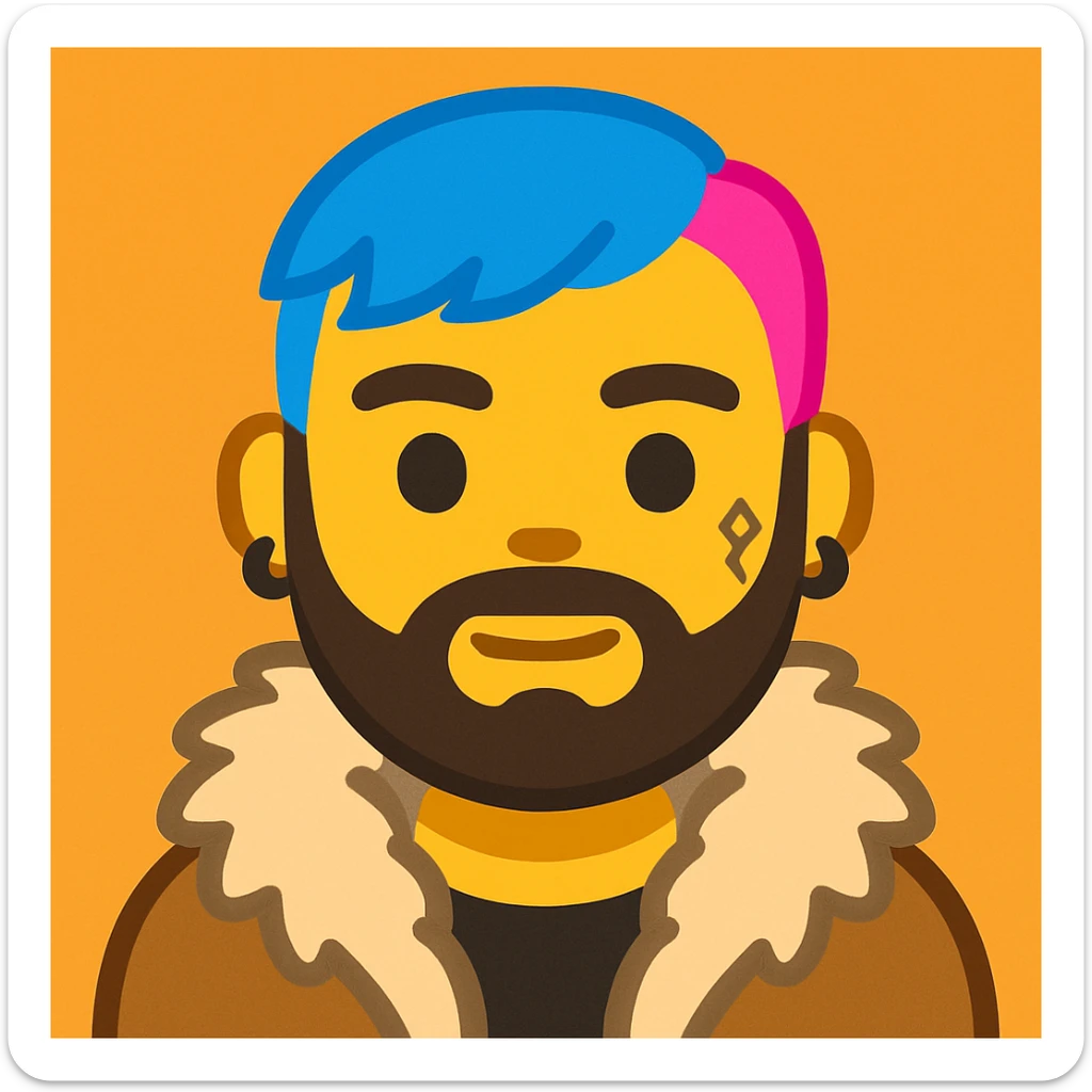 Create an emoji style image of a character with short blue and pink hair, beard, earrings, facial tattoo, wearing a fur coat, and natural skin tone. The style should resemble emoji style. sticker