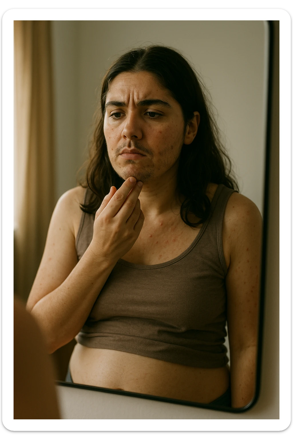A realistic, cinematic portrait of a young woman in her late 20s standing in front of a mirror, visibly concerned while touching her chin and jawline where small dark facial hairs are noticeable, indicating hirsutism. Her skin appears oily, with a few cystic acne spots on her cheeks and jaw, and her dark hair is slightly greasy, indicating increased sebum production due to androgen excess. Her body shows mild abdominal bloating, and she looks at herself with a mix of frustration and sadness, capturing the emotional struggle linked to PCOS. The scene is set in a softly lit bedroom or bathroom with neutral daylight, with a clear mirror reflection to emphasize self-observation and discomfort. Style: realistic 35mm cinematic look, soft focus on her face and hair details, warm tones to keep it human and relatable sticker