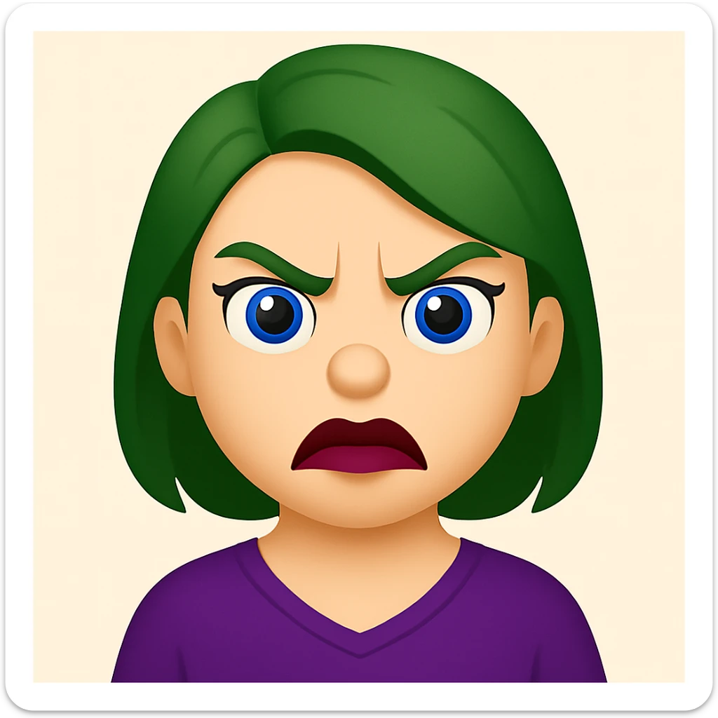 Create an emoji style image of a girl with green hair, angry expression, blue eyes, and lipstick blended with dark red and purple. sticker
