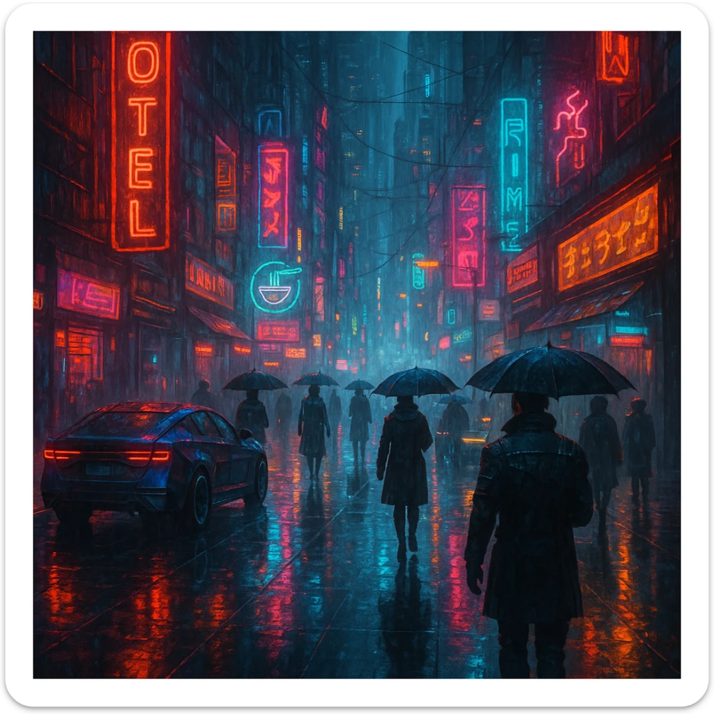 cyberpunk 2077 inspired street scene, rain-soaked pavement, neon signs, futuristic vehicles, dark atmosphere sticker