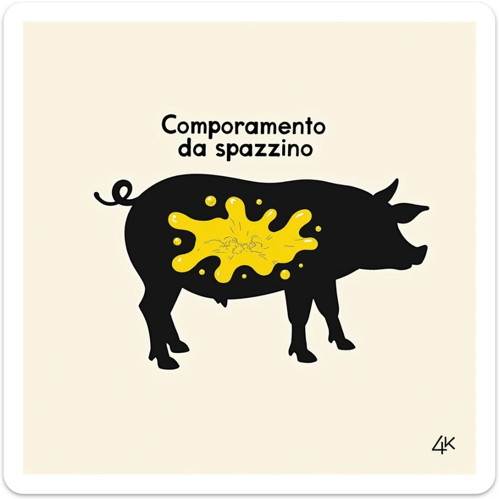 symbolic scene of a pig silhouette with yellow puddle drawings in the stomach, Italian text 'Comportamento da spazzino', neutral background, 4K quality sticker
