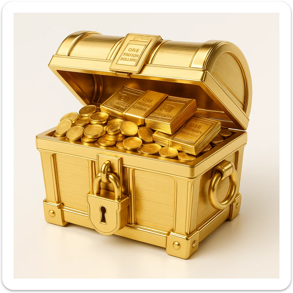 a treasure chest filled with gold coins and bundles of billion dollar notes, sparkling and opulent sticker