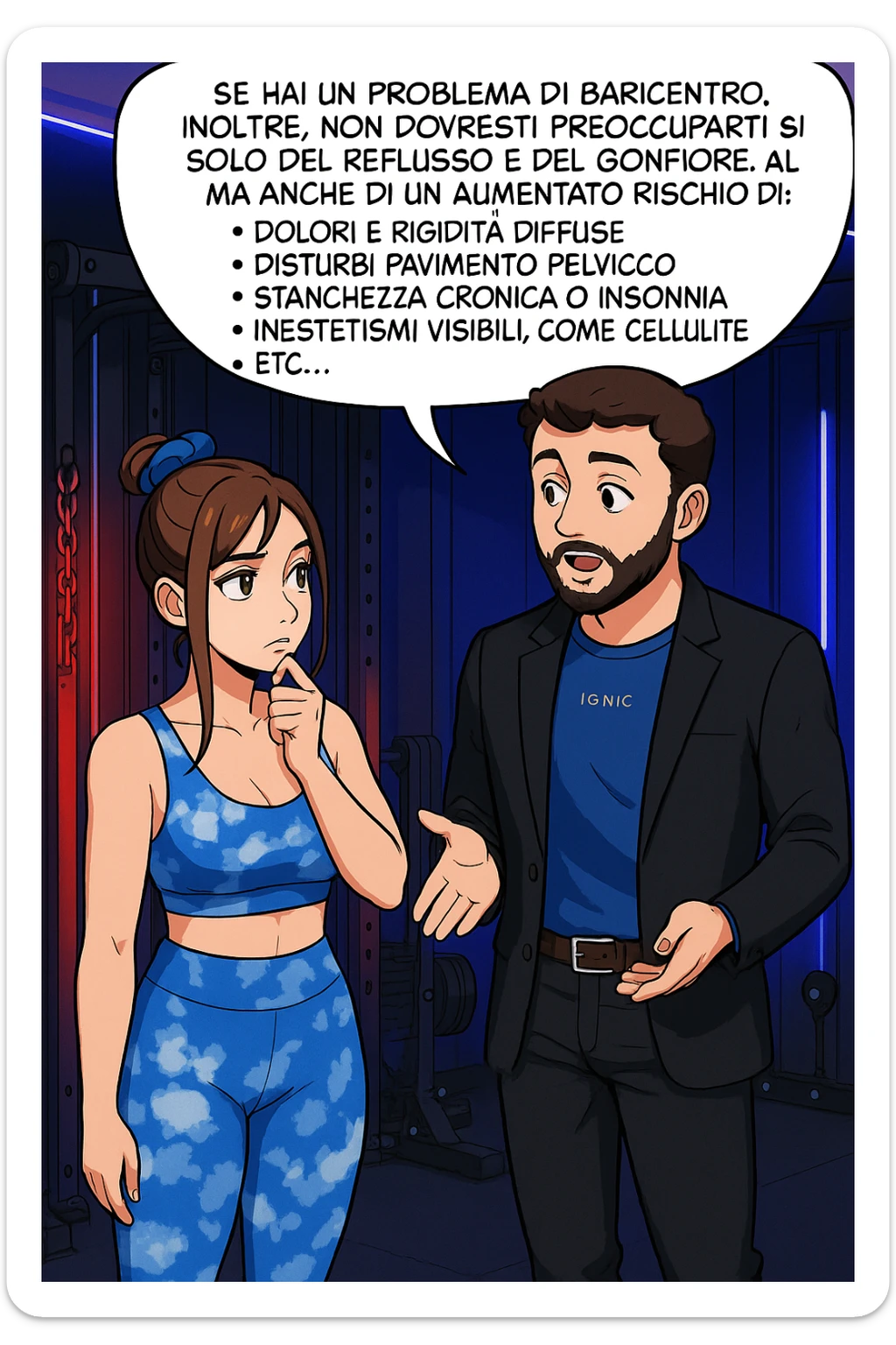 TRASFORMA QUESTO CAROSELLO IN UN FUMETTO STILE WEBTOON/MANGA A COLORI CON QUESTE DUE PERSONE IDENTICHE CHE INTERLOQUISCONO TRA LORO, L'uomo sta spiegando alla donna questo concetto MENTRE LA DONNA SI TIENE L'INDICE SUL MENTO ASCOLTANDOLO PENSIEROSA:

Se hai un problema di baricentro, inoltre, non dovresti preoccuparti solo del reflusso e del gonfiore addominale, ma anche di un aumentato rischio di:
    • dolori e rigidità diffuse
    • disturbi pavimento pelvico
    • stanchezza cronica o insonnia
    • inestetismi visibili, come celluluite
    • etc… sticker