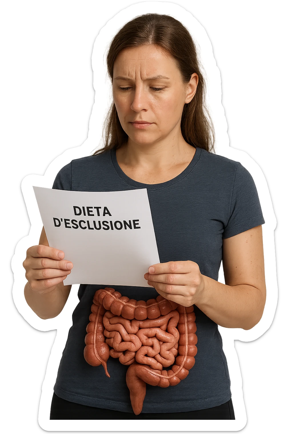 donna con intestino umano anatomico in evidenza che legge un foglio con la scritta "DIETA D'ESCLUSIONE, iperrealistica 4k sticker