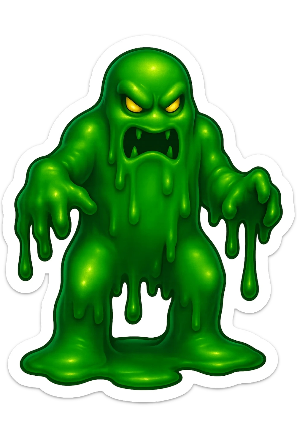 Slime monster. green slime. scary sinister. slime attacks. show full body. more dripping slime. talk humanoid slime creature. sinsiter and scary...green slime. has 2 arms and a vague head sticker