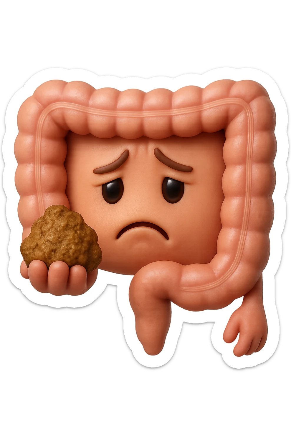 EMOJI STILE IPHONE 3D DI un intestino con espressione triste mentre tiene in mano delle fibre fermentate a poltiglia, FALLO MOLTO REALISTICO IN 3D sticker