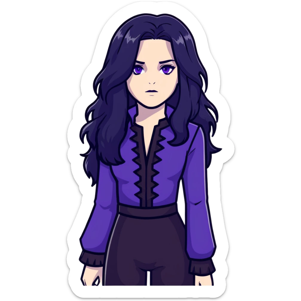 Yennefer from Witcher with long black hair, violet eyes, pale skin, wearing black clothes sticker