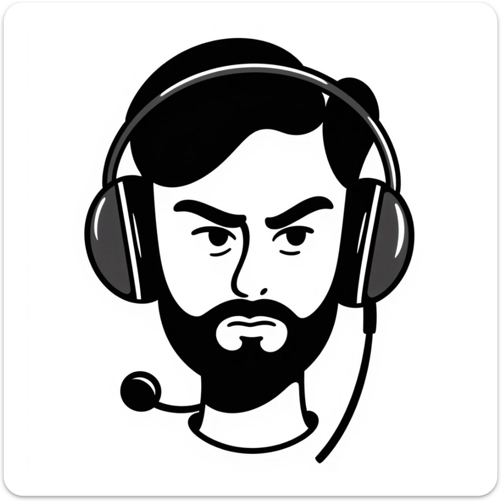 Serious face of a man with black hair, brown eyes, black beard, wearing a gaming headset sticker