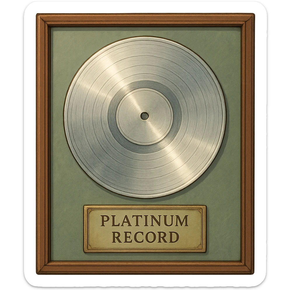 detailed ghibli style illustration of a platinum record award in a frame, soft lighting, elegant sticker