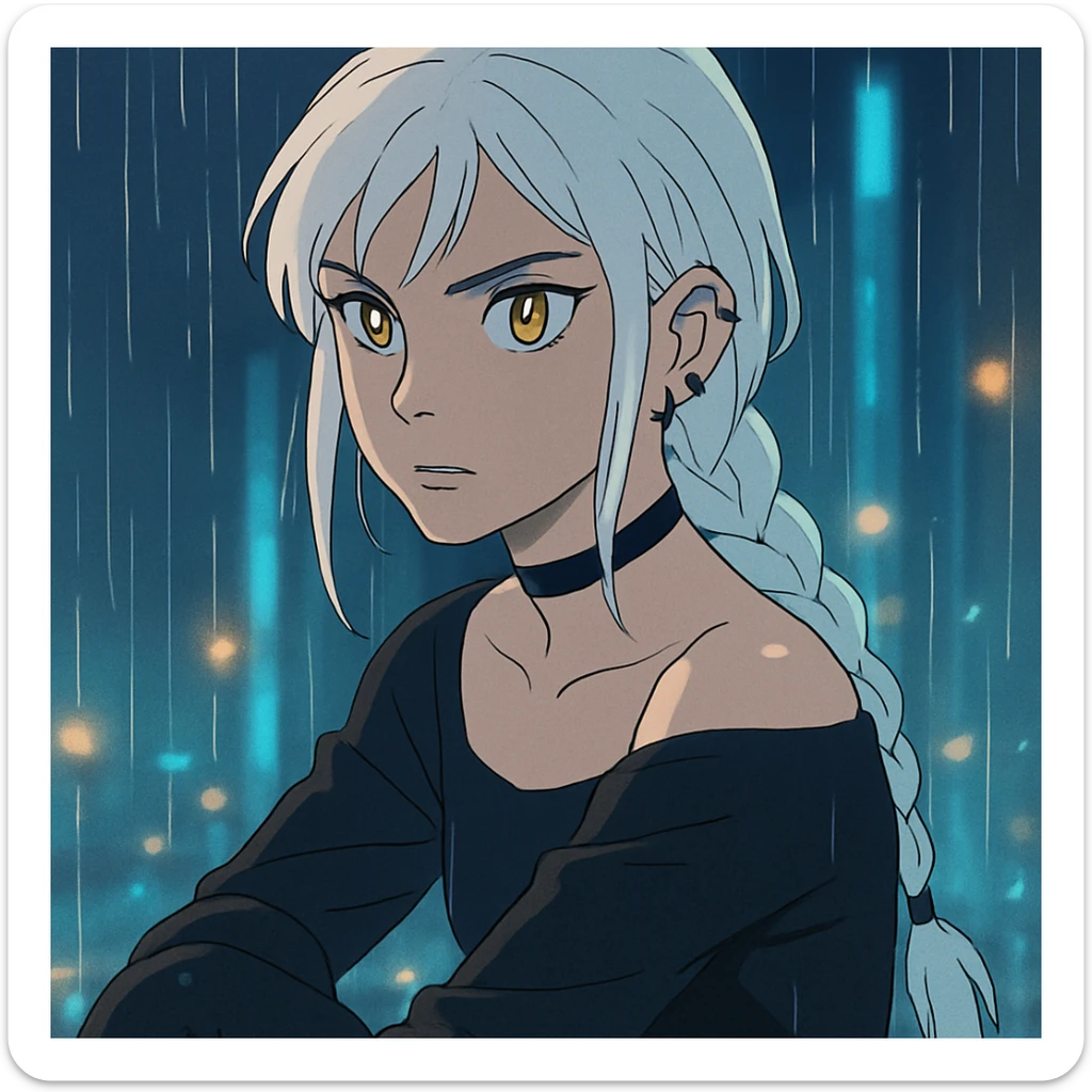 closeup portrait of young woman with gold yellow eyes, white hair in a long braid, black off-shoulder top, punk gothic style, futuristic cyberwave, sitting position, rain and glowing reflections, ghibli style sticker