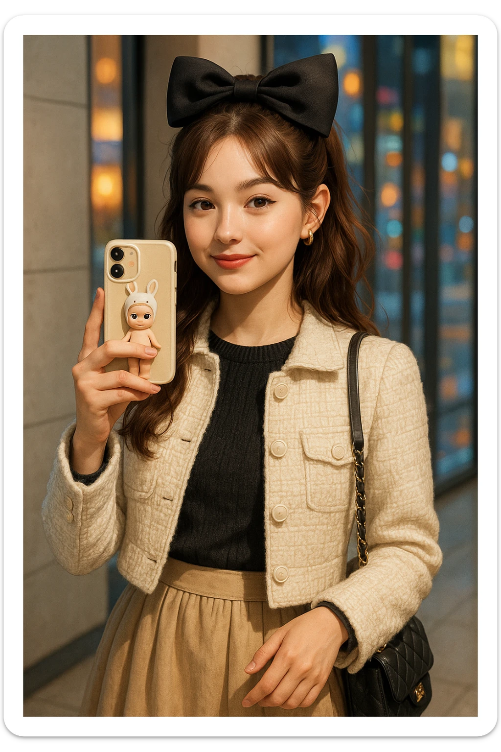 realistic depiction of a stylish girl with a big bow, fashionable cute clothes, and a phone case featuring a Sonny Angel toy sticker