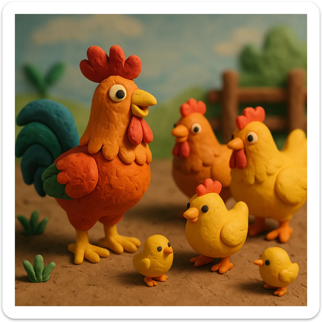 rooster with hens and chicks, cheerful farmyard scene, colorful and cute in claymation style sticker