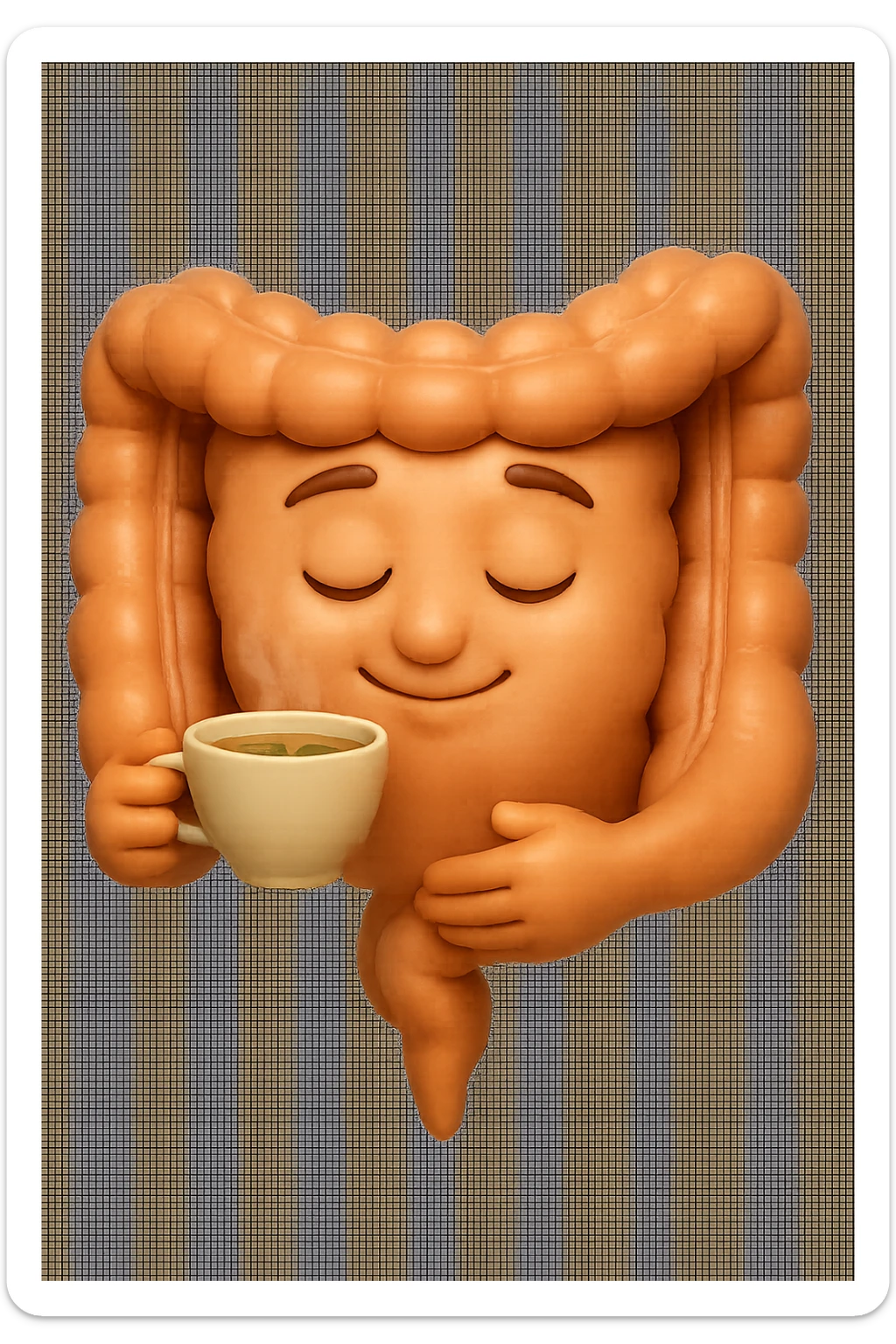 emoji stile iphone 3d di intestino umano sereno che si tocca la pancia mentre sorseggia un thè alle erbe, iperrealistico 4k sticker