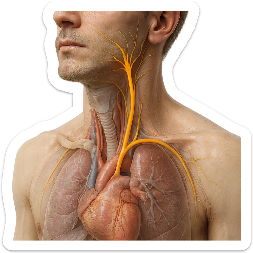 realistic 4K close-up image of human neck and chest with vagus nerve highlighted, anatomical details, visible vagus nerve path, transparency on internal organs, natural colors, white background sticker