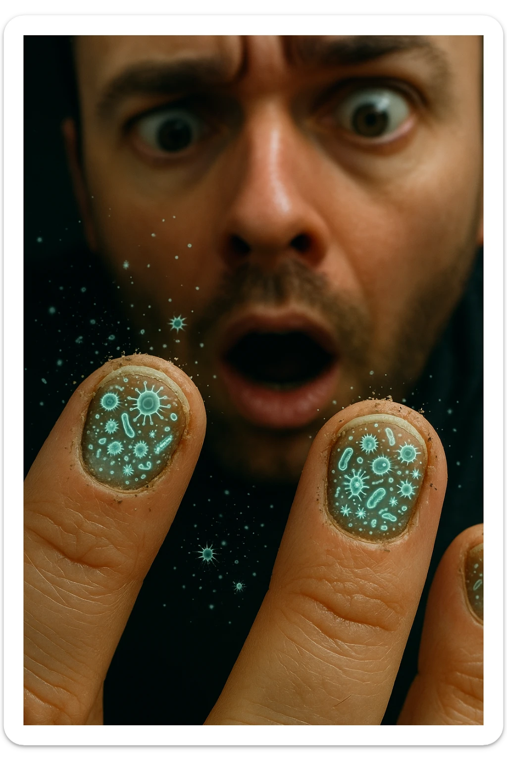 "Close-up macro shot of man's fingernails with transparent overlay showing dense colonies of bacteria, viruses, and parasites thriving in nail beds, millions of pathogens visible as glowing microscopic organisms, expression of shock as he examines his hands under magnification, nail debris containing more germs than toilet water, fingertips becoming mobile germ factories" sticker