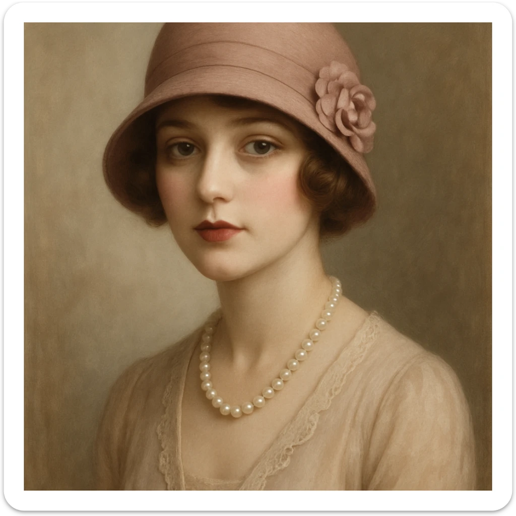 1920s woman, cloche hat, pearl necklace, vintage fashion, soft colors, elegant, detailed sticker