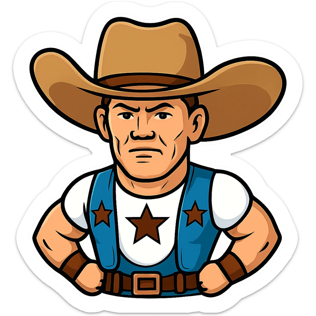 Make the cowboy hat even bigger on John Cena in the style of cartoonish stickers, keep the sticker style look. sticker