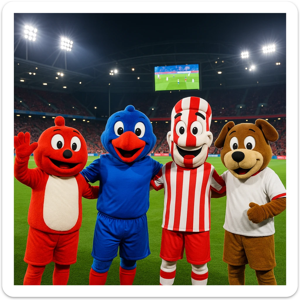 A fun, casual night scene in a modern soccer stadium: five mascots in colorful costumes stand on a green field under bright stadium lights. From left to right: red and white mascot, blue and red mascot in the center, white and red striped mascot, brown and white mascot on the far right. Red seats, a large screen with a soccer match, distant crowd, and vibrant team spirit fill the scene. sticker