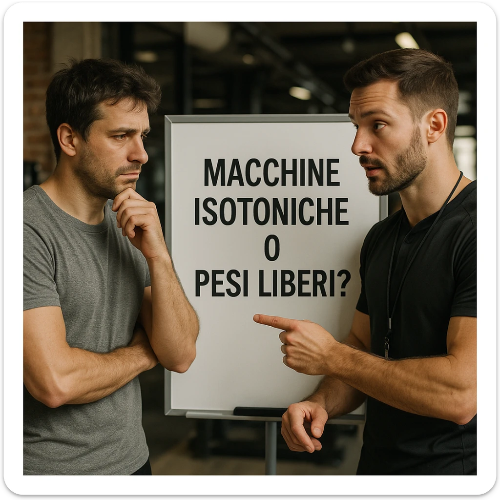 Realistic detailed scene of a man in a gym asking advice to a personal trainer, both looking at a whiteboard with Italian text 'Macchine isotoniche o pesi liberi?', atmosphere of discussion, 4K quality. sticker