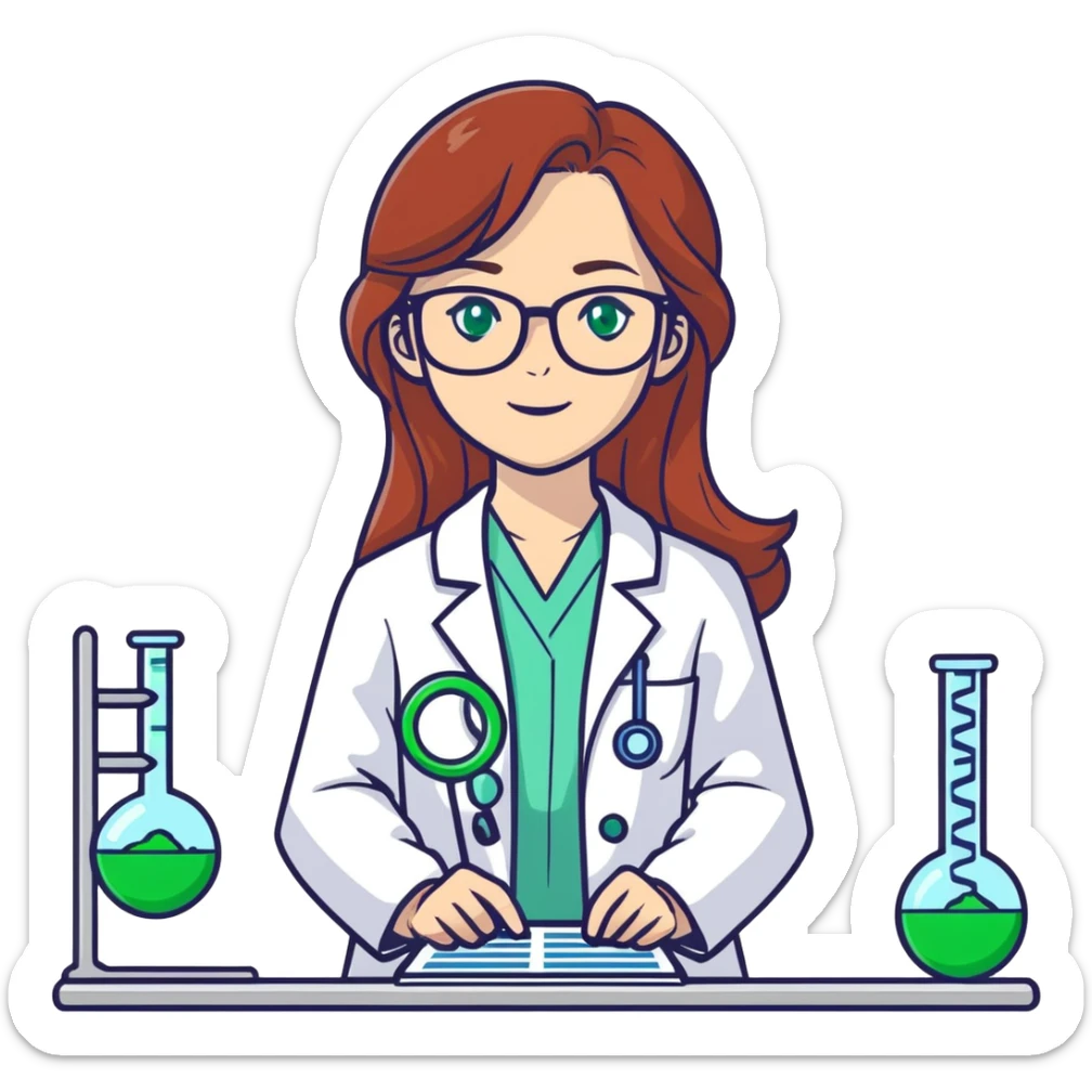 A beautiful long Auburn hair, scientist in a lab coat working with DNA, woman with green eyes glasses who has been working 12 hours straight making science wonderful sticker
