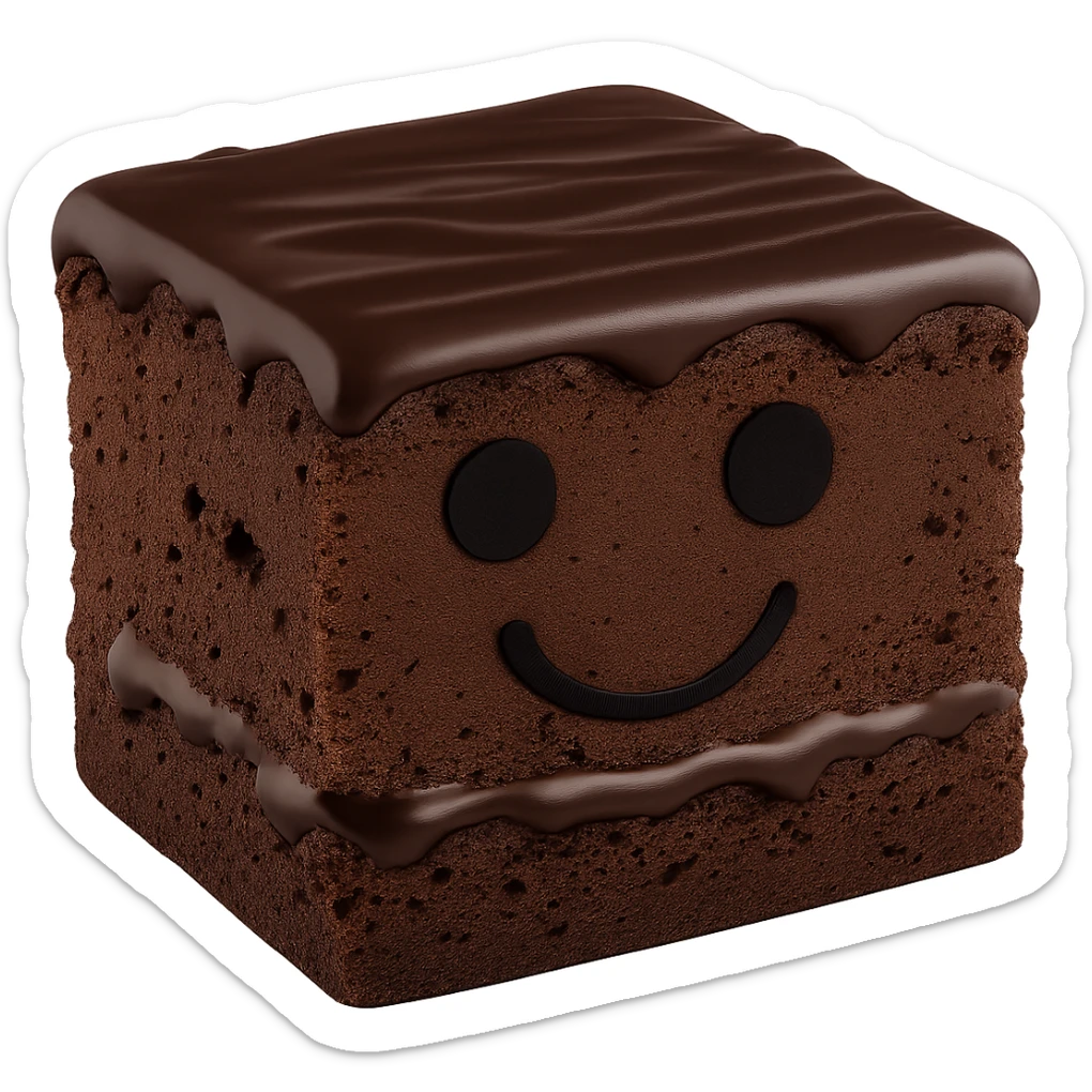 Make the chocolate sauce on top of the brownie a bit darker. Keep the brownie short and rectangular, with a black smiley face and black eyes. The background should be transparent. sticker