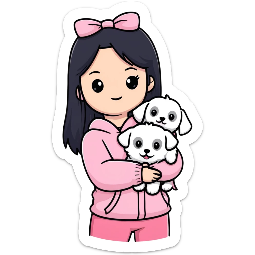 Beautiful girl with long straight black hair, fair skin, wearing pink clothes, holding a pure white fluffy Maltese dog sticker