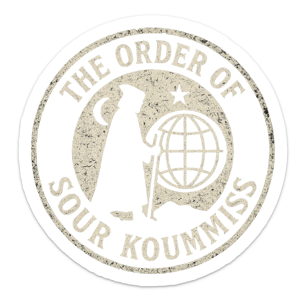 A grunge-style 90s logo for 'The Order of Sour Koumiss' with distressed edges and a mysterious travel theme, black and white sticker