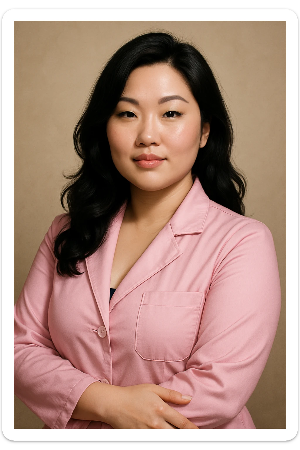 A beautiful white woman, Asian style, with black hair, curvy figure, wearing a pink lab coat, looking confident. sticker