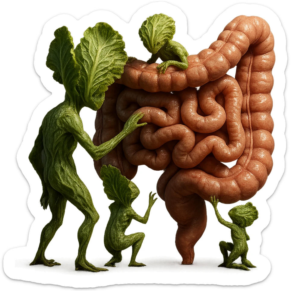 Ultra-realistic 4K illustration: stylized lettuce leaves depicted as plant-like creatures interacting with a human anatomical model of the intestine. The scene is surreal and scientific, with organic textures, refined biological details, dramatic lighting, and a bio-fantasy photorealistic style sticker