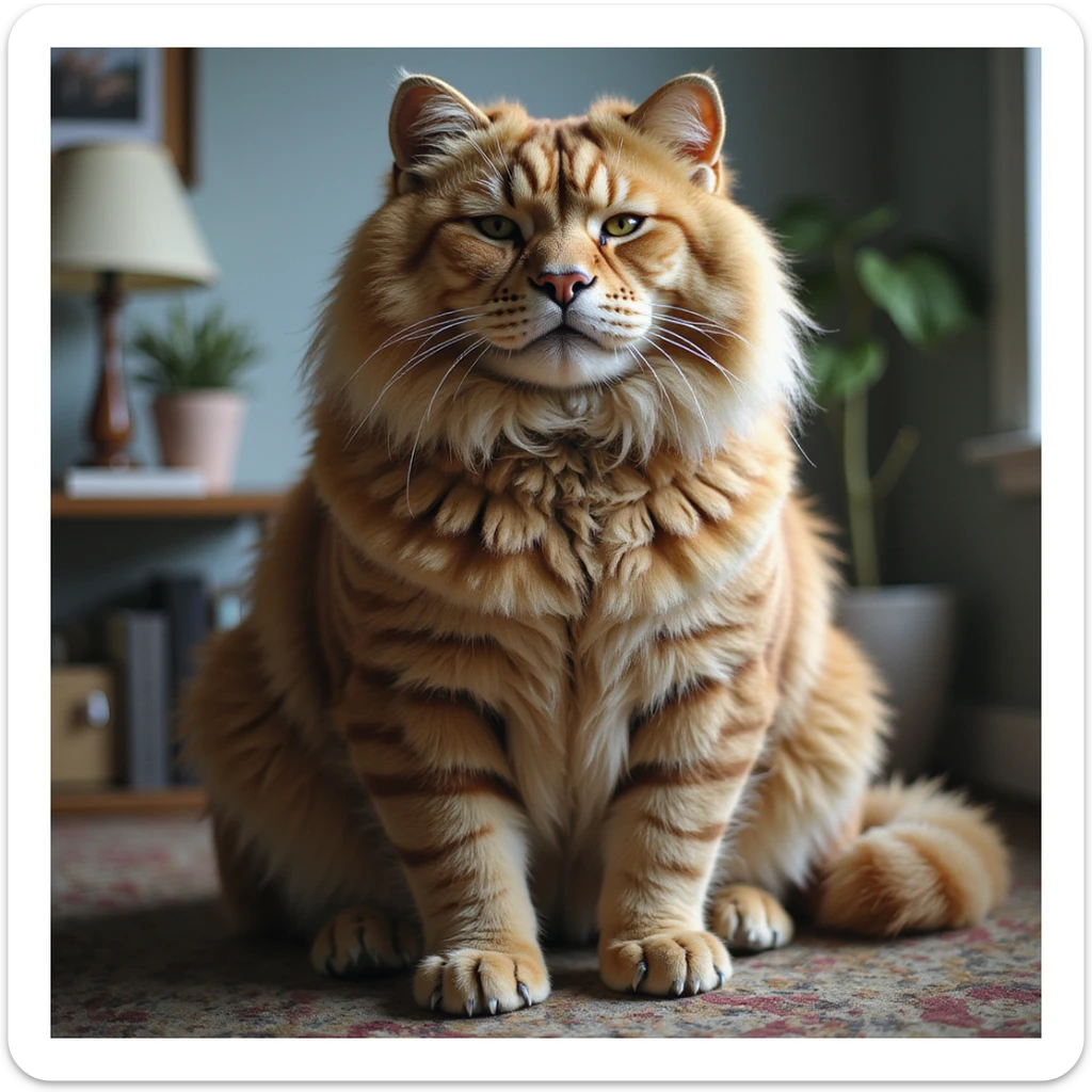 the world's biggest cat, fluffy and enormous, sitting regally, photorealistic style sticker
