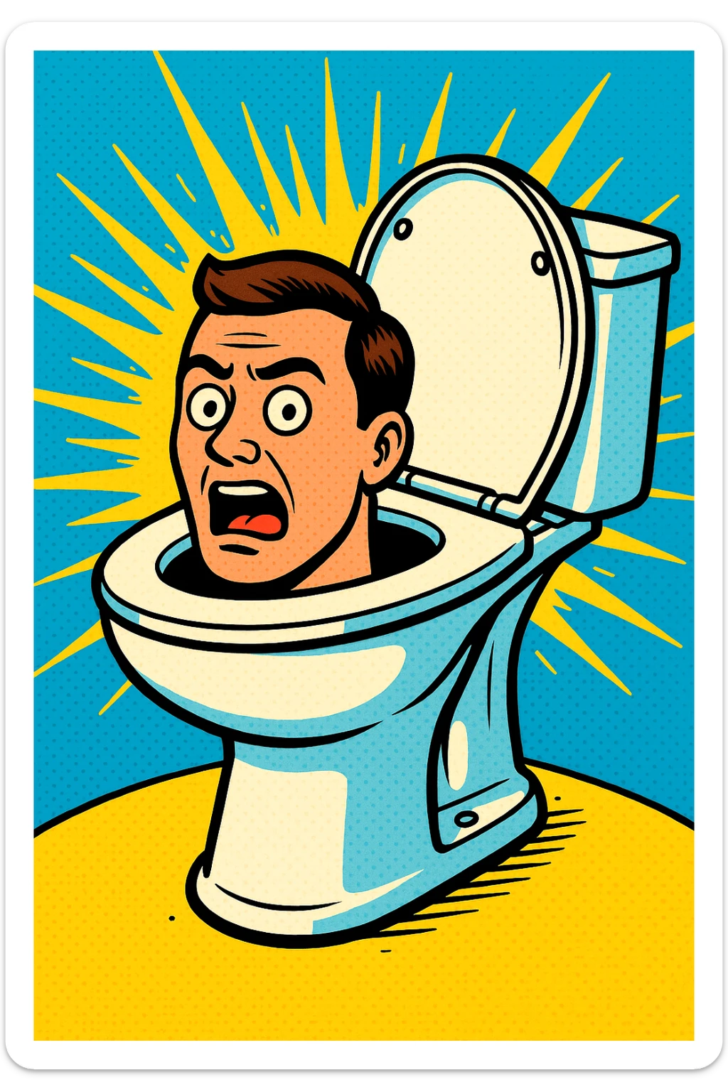 Toilet with a human head sticking out, inspired by Skibidi Toilet meme, comic style, bright colors sticker