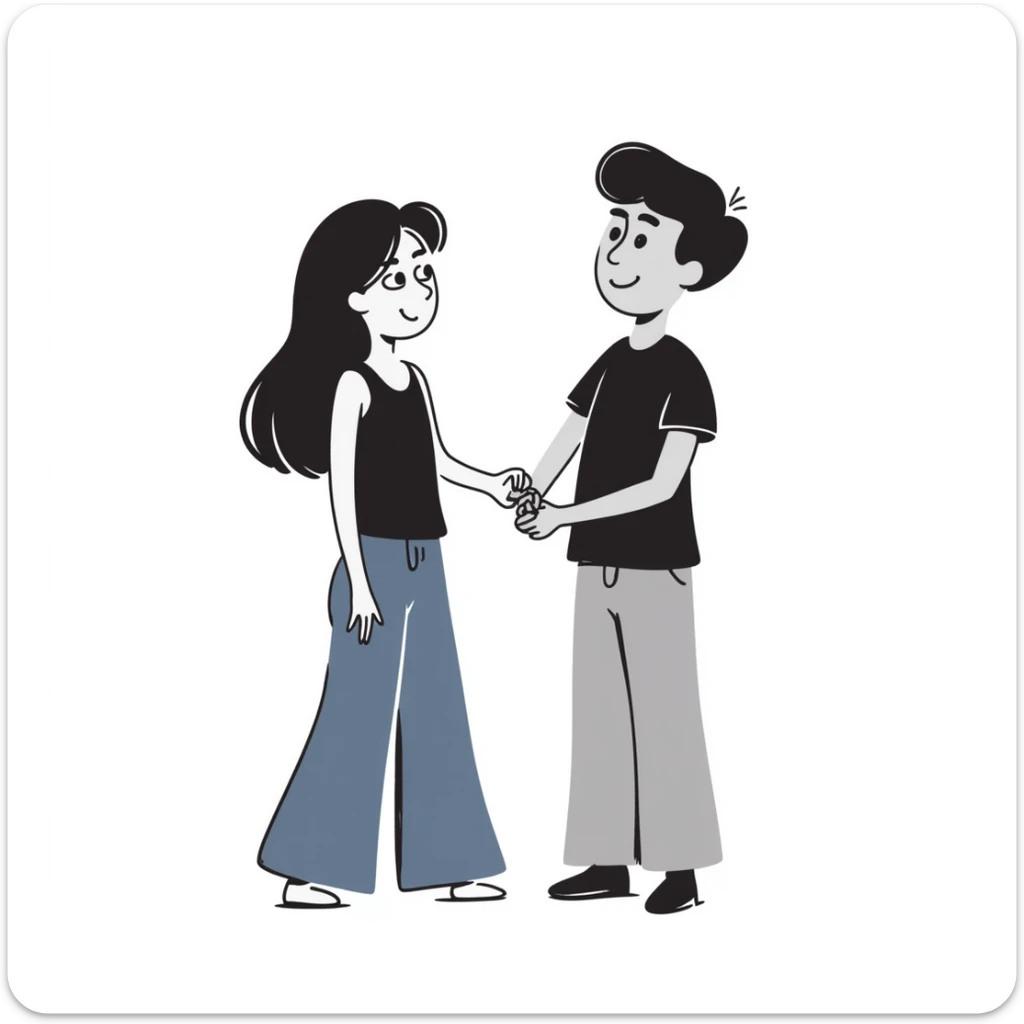 A girl with long brown hair holding the hand of a boy with short black hair, she wearing a black tank top with flared blue jeans, he wearing a black t-shirt with grey jeans, couple in love sticker