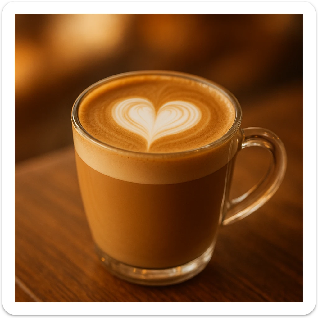 a beautiful coffee latte in a glass mug, with heart-shaped foam art, warm and inviting atmosphere sticker