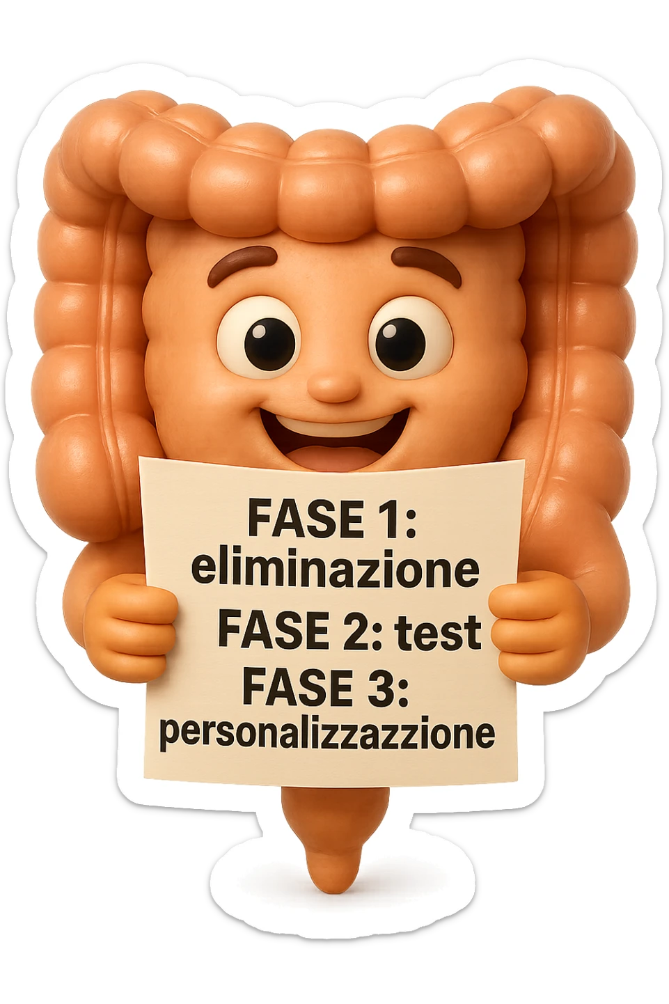 emoji stile iphone 3d di un intestino che tiene in mano un foglio con la scritta "FASE 1: eliminazione, FASE 2: test, FASE 3: personalizzazione, IPERREALISTICO 4K sticker