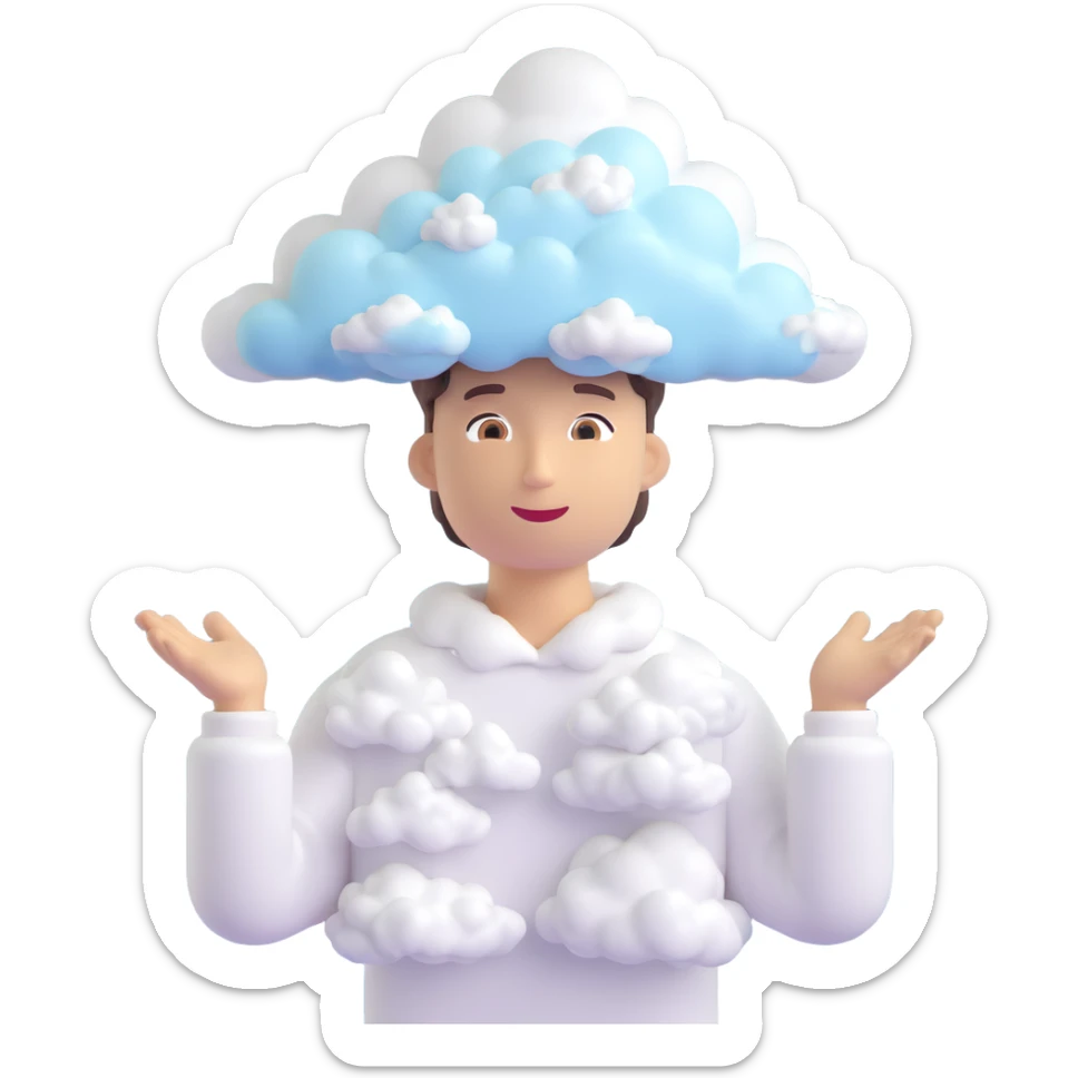 person with upper body up to the shoulders entirely made of clouds, clouds form the shape of the person, 3D emoji style sticker