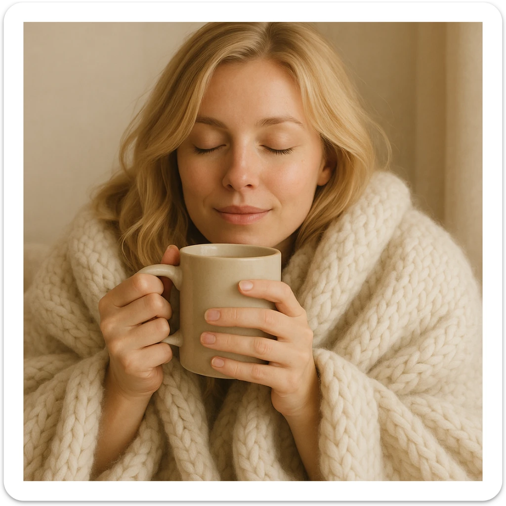 blonde woman snuggled in a blanket, sipping coffee, eyes closed, relaxed and content, soft and cozy style sticker