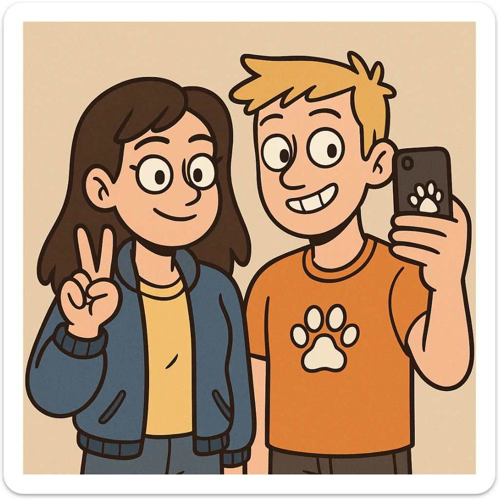 A girl yellow t-shirt blue girls bomber jackets ✌️A boy dark yellow hair Orange T-Shirt white dogs paw 🤳 sticker