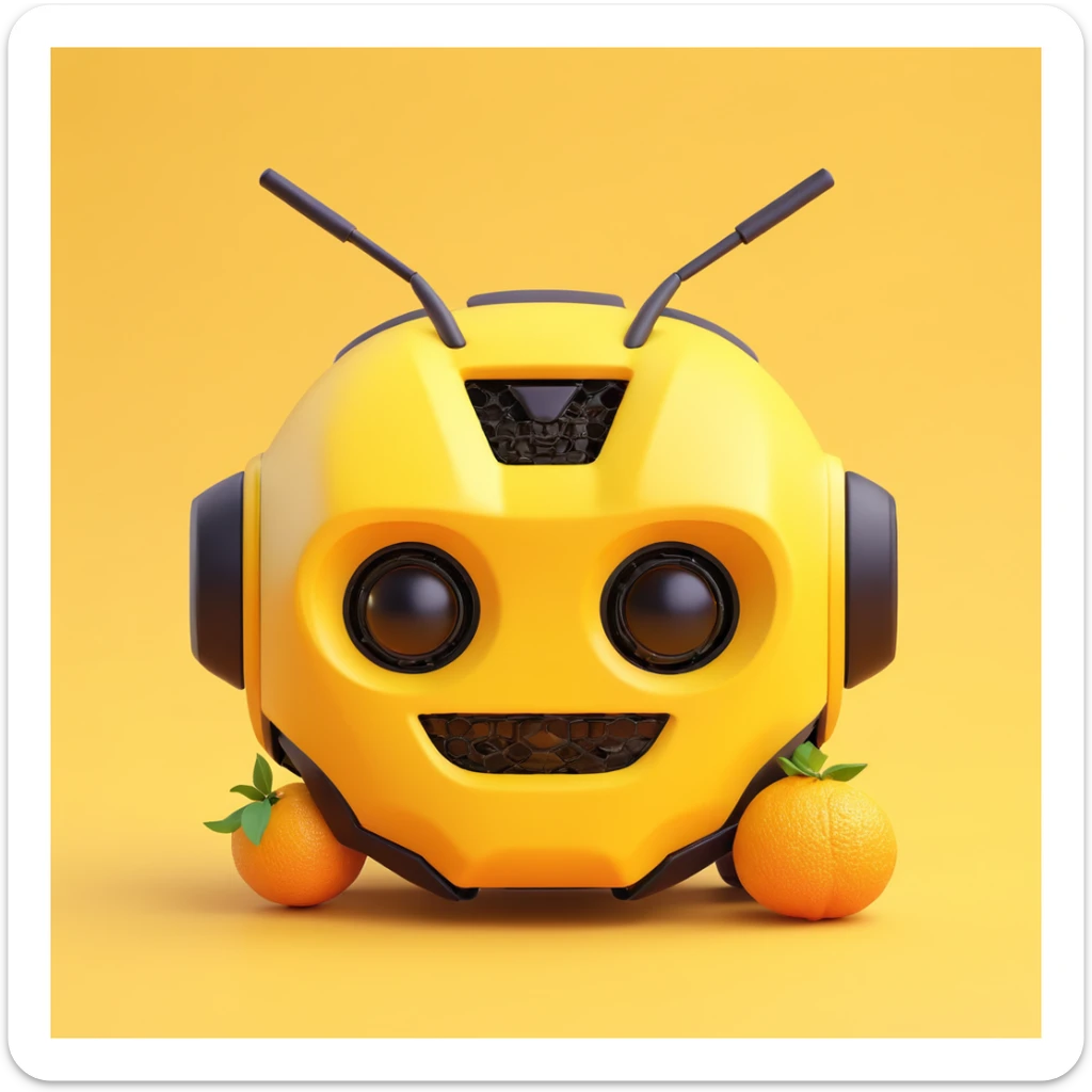 3D emoji of a car-inspired robot face, merging Bumblebee and Toyota GR86, with bumpy yuzu fruit texture, set on a yellow background with a black border and rounded corners sticker