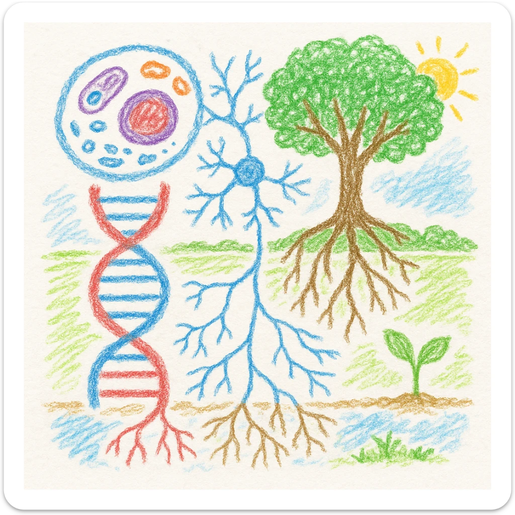 A realistic biological illustration (like in a school book) showing: DNA strands transitioning into a tree, cells with visible organelles, neurons connected to plant roots  and a balanced ecosystem background . Seamless integration, no labels or borders, white or transparent background, detailed but minimalist.  sticker