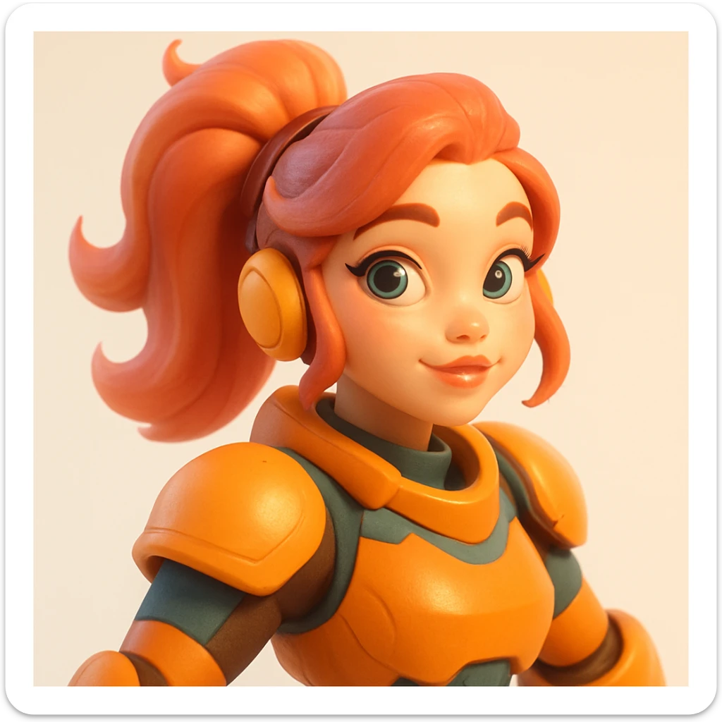 3D cartoon sculpture in Pixar × Overwatch × Loish style, smooth shapes, no pores, vivid pastel colors, warm porcelain skin with smooth and slightly plastic finish, soft subsurface scattering, studio lighting from 45° top right plus front bottom fill light, light or white background with slight gradient, soft bloom, juicy highlights on eyes and lips, no photorealism, no PBR shaders, no rough textures, no drawn contours, no text, no logos, no violence, no grain, no NSFW sticker