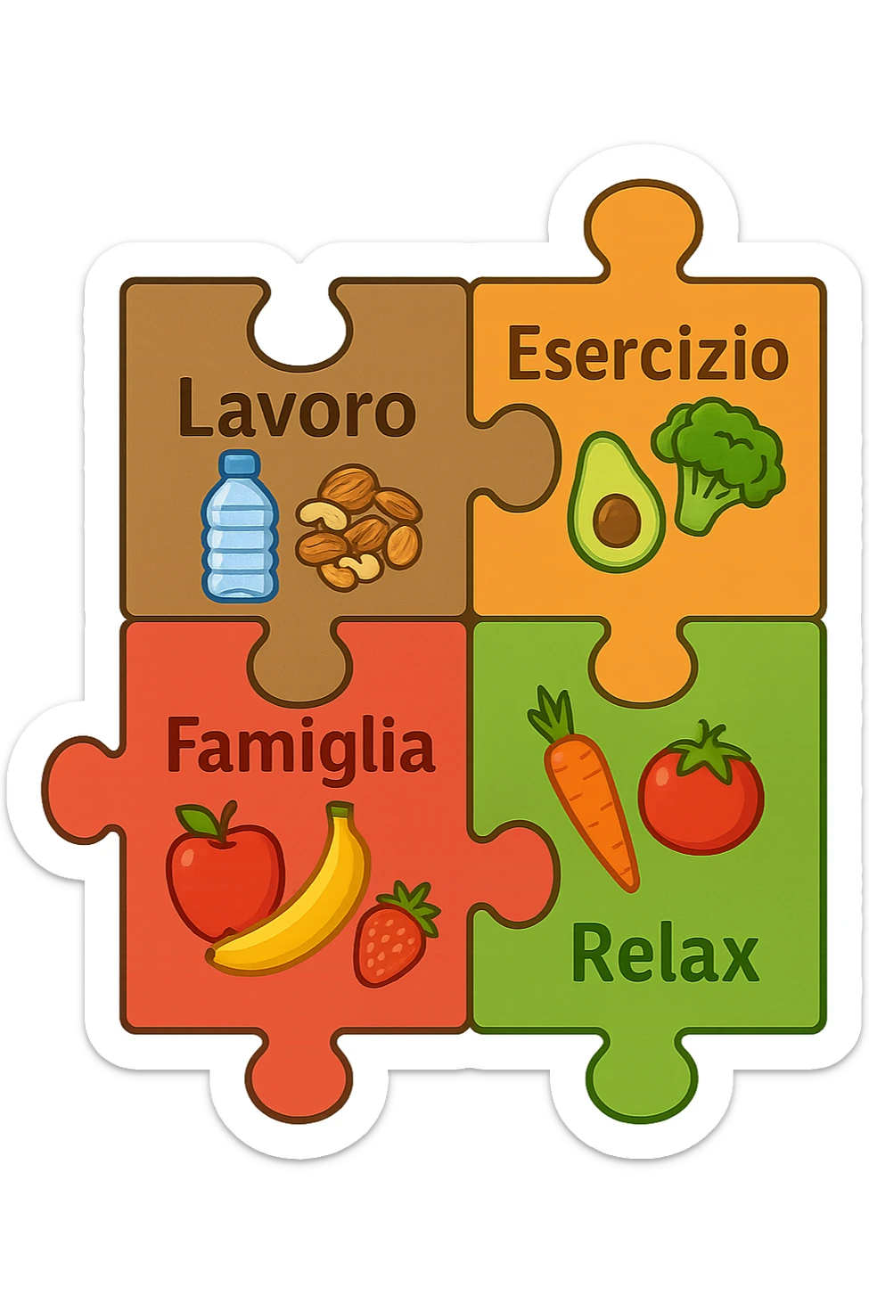 Puzzle (Lavoro, Esercizio, Famiglia, Relax), and healthy foods are integrated into each piece. in italiano sticker