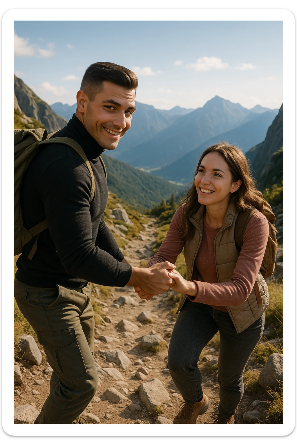 a man and woman climb a mountain trail together, the man leading but frequently looking back to ensure the woman is comfortable and supported. The woman follows with determination and a smile, symbolizing trust, encouragement, and the value of supportive leadership within a relationship. sticker