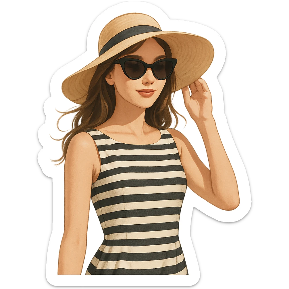 a girl with chic Riviera style, sun hat, striped dress, sunglasses, relaxed summer vibe sticker