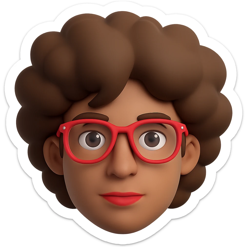 Make the hair much bigger on the face of a man with a lot of brown hair and red glasses, keep the style the same. Remove the background to isolate the subject. sticker