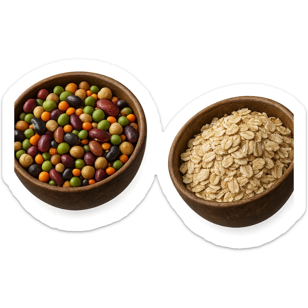 BOWL DI LEGUMI FLUTTUA IN ARIA INSIEME A BOWL DI FIOCCHI DI AVENA,  iperrealistico 4k sticker