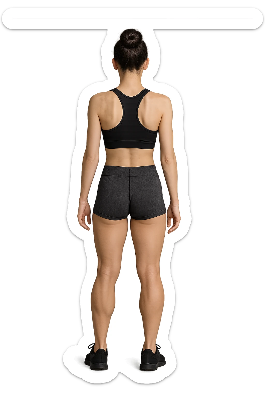 fitness woman di spalle a figura intera con poca massa muscolare sul dorso (magra senza muscoli) e più muscolosa sulle gambe. in gym shorts sticker