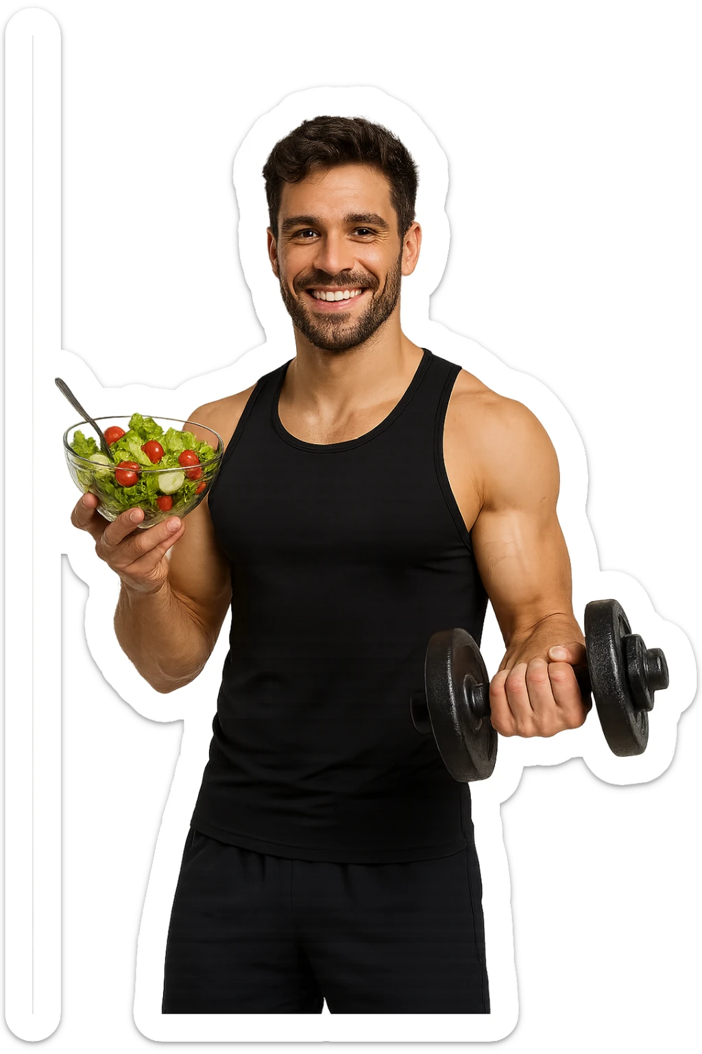 uomo fitness che fa ha un insalata nella mano destra e un manubrio da palestra nella mano sinistra sticker
